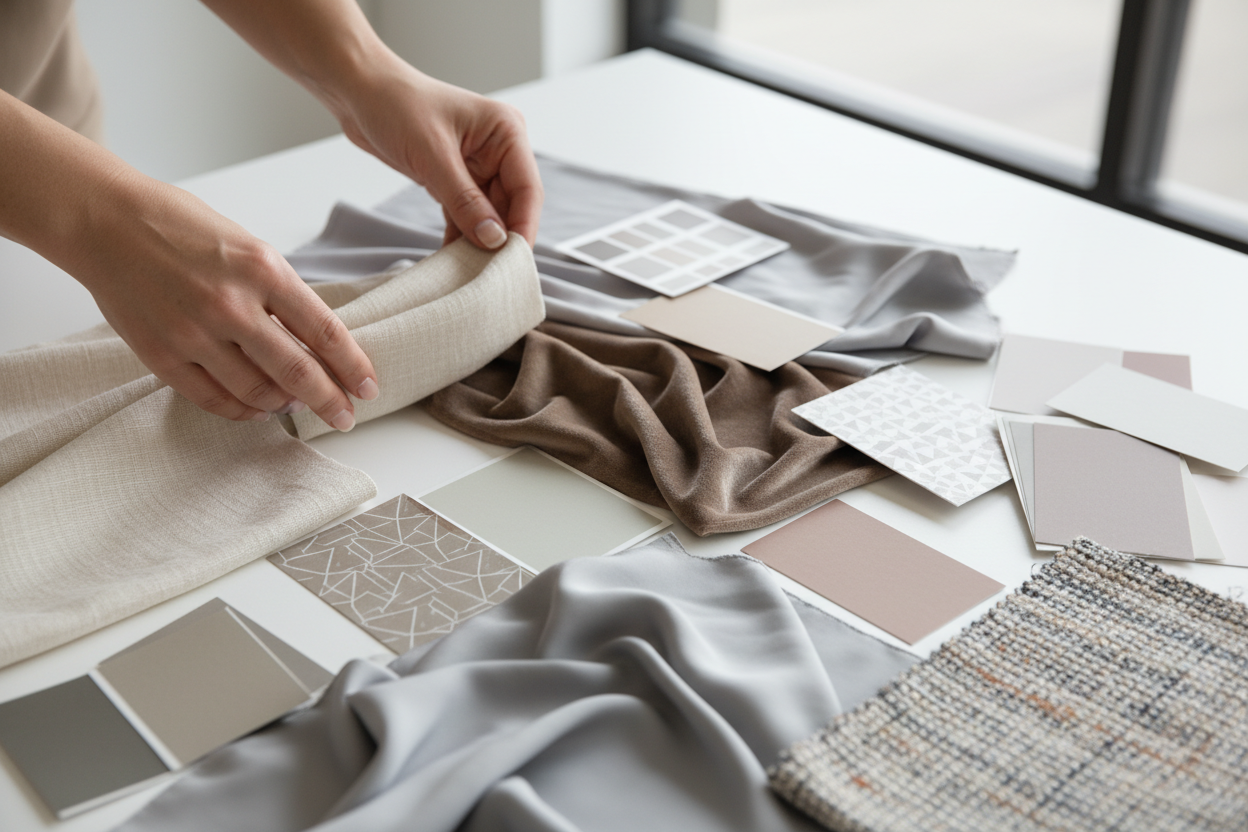 Hände legen Stoffe, Muster, Farbkarten – super nah, textural, emotional. Die Szene sollte modern wirken und elegant